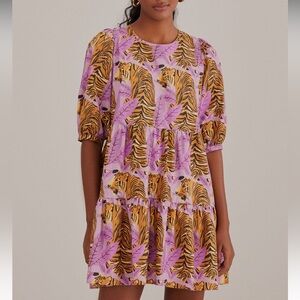 Farm Rio Lavender Tiger Leaves Puff Sleeve Mini Dress